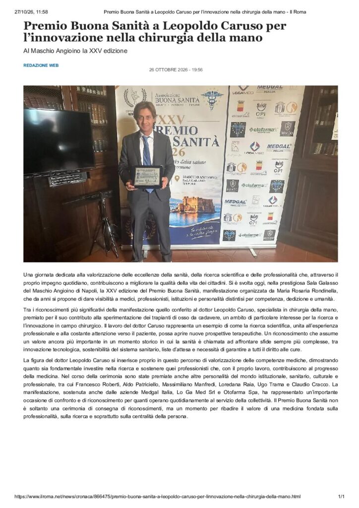 thumbnail of Premio Buona Sanità a Leopoldo Caruso per l’innovazione nella chirurgia della mano – Il Roma